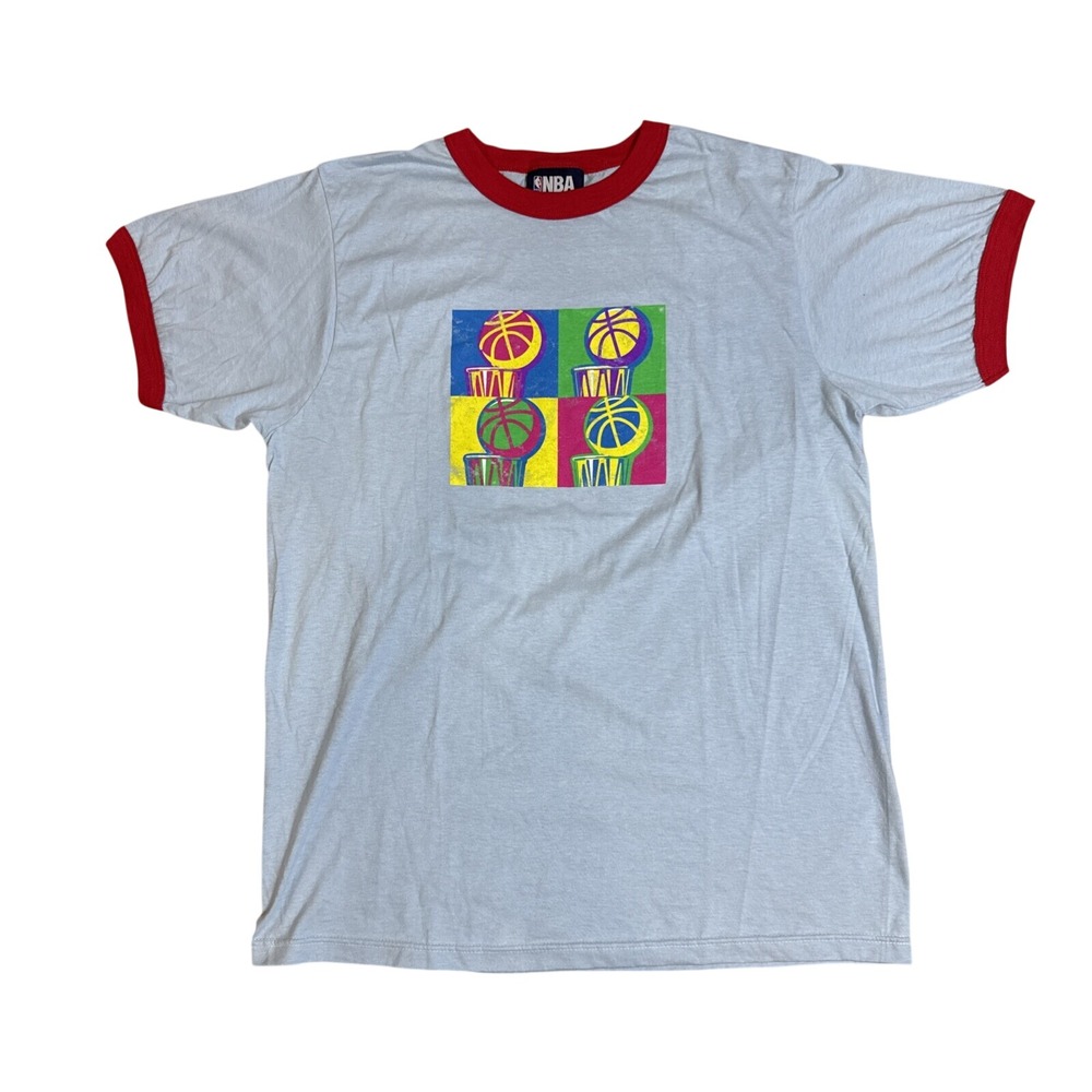 Vintage NBA Ringer T-Shirt Mens Large Light Blue Red Pop Art Basketball USA Made